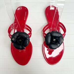Chanel Red Camellia Flower Jelly Thong Sandals Flip Flops CC Logo Flat Size 38